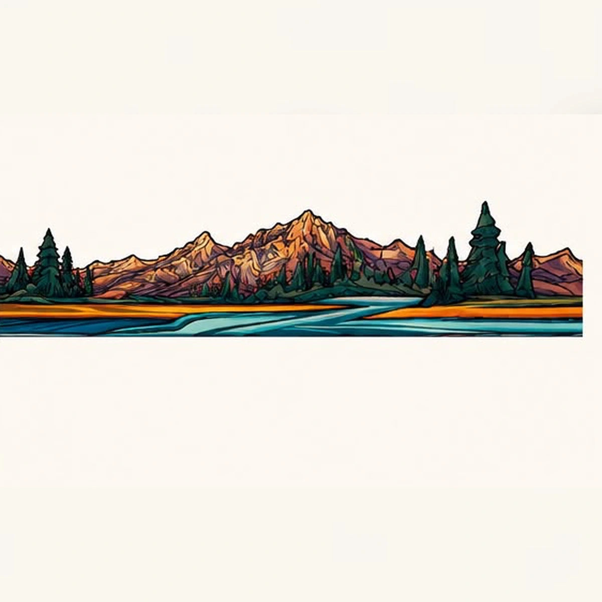 Panoramic mountain lake and pine forest illustrated wraparound design on enamel camping mug