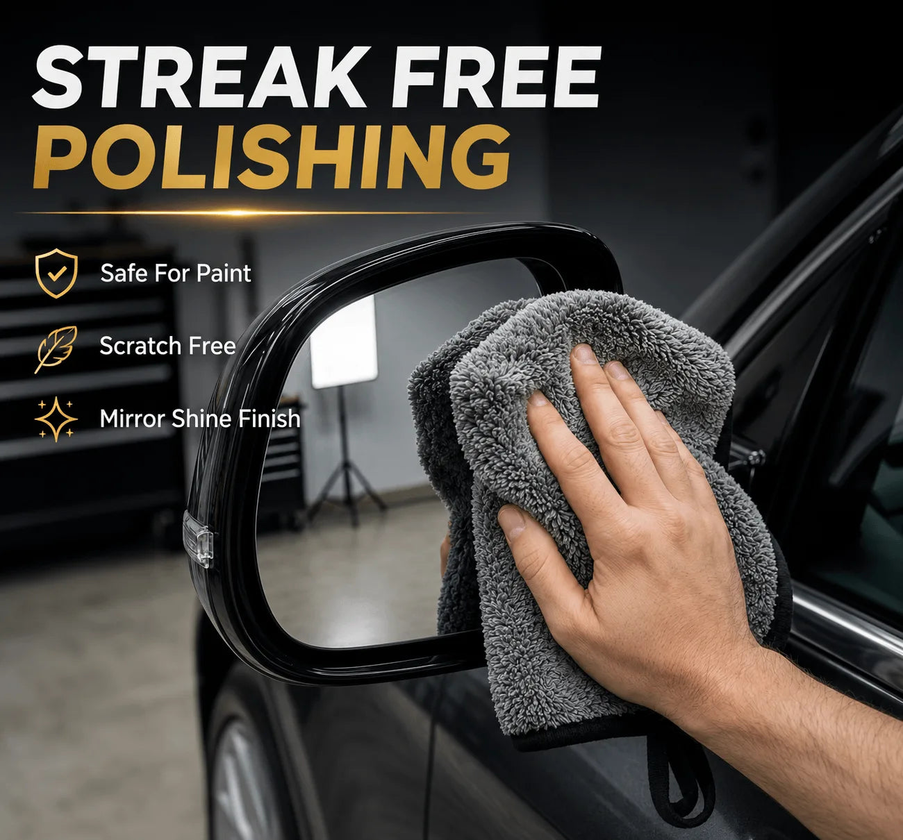 Grey coral-fleece microfiber cloth polishing a car wing mirror streak-free – Motohomies