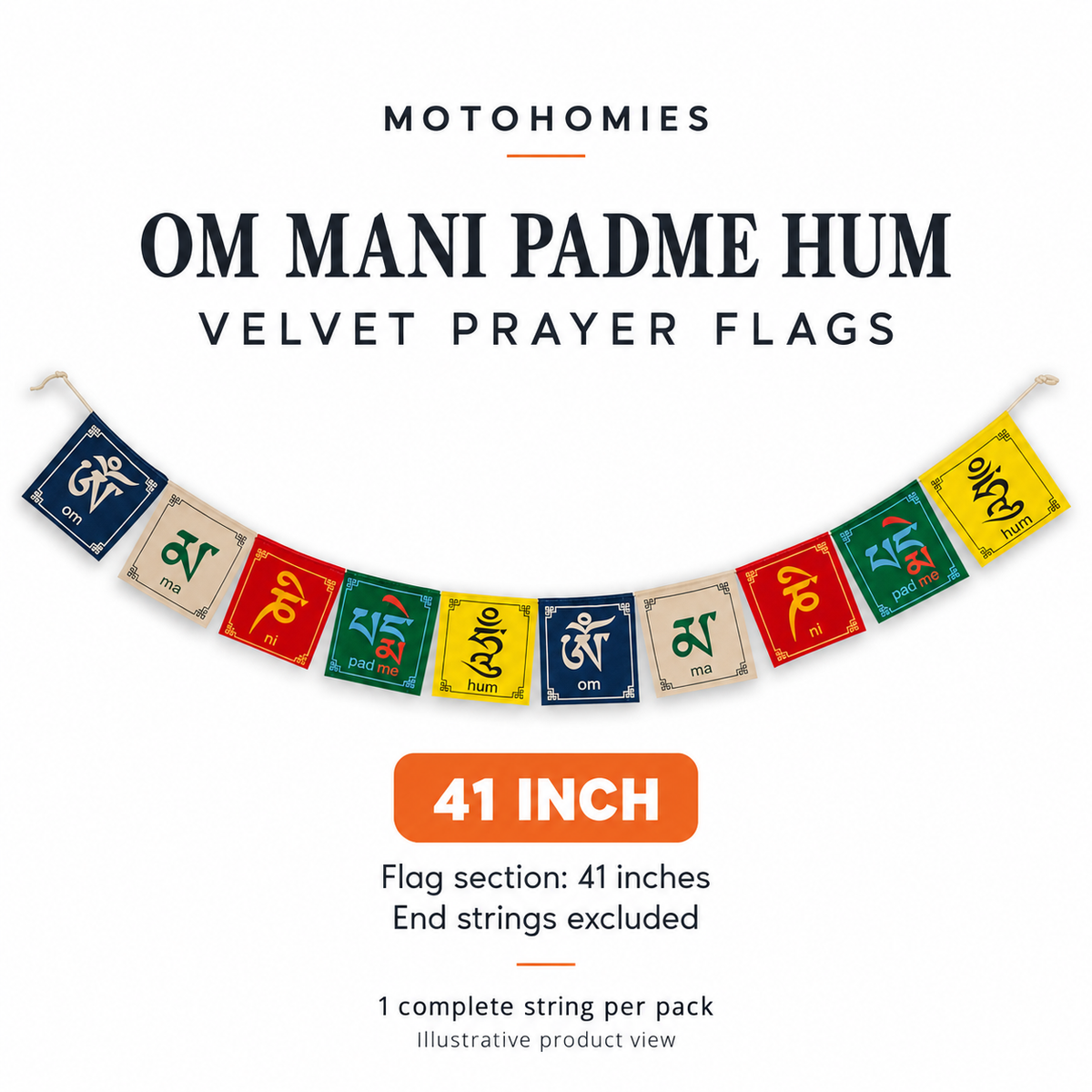 41-inch Om Mani Padme Hum velvet prayer flags, end strings excluded