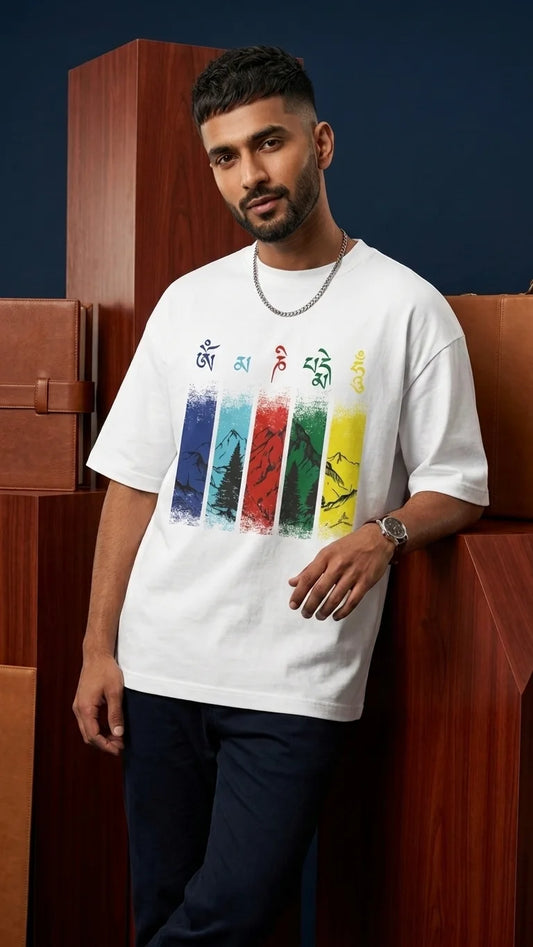 Om Mani Padme Hum white oversized t-shirt on male model with Tibetan mantra and Lungta colour panels