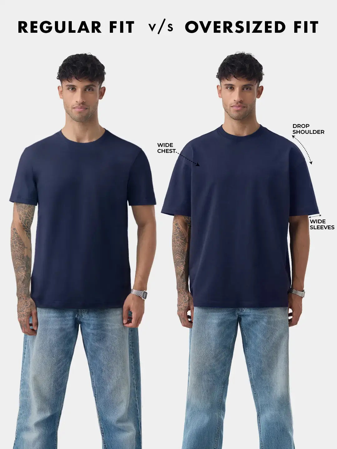 oversized vs regular fit t shirt comparison drop shoulder wide sleeves guide