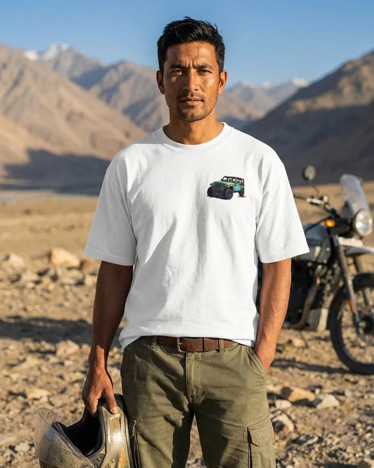 Rough Roads Smooth Rides white oversized t-shirt front chest logo on rider in Ladakh mountains