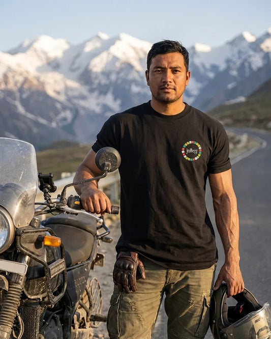 Spitified oversized t-shirt with Julley chest badge on rider in Spiti Valley