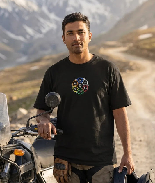 Zanskar oversized t-shirt with Om Mani Padme Hum mandala chest print on rider in Himalayan mountains