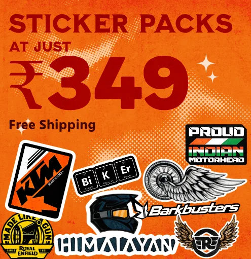 Sticker packs collection banner at Motohomies — themed 9-sticker bundles at ₹349 with free shipping. KTM, Royal Enfield, Himalayan, Made Like A Gun and Barkbusters designs shown