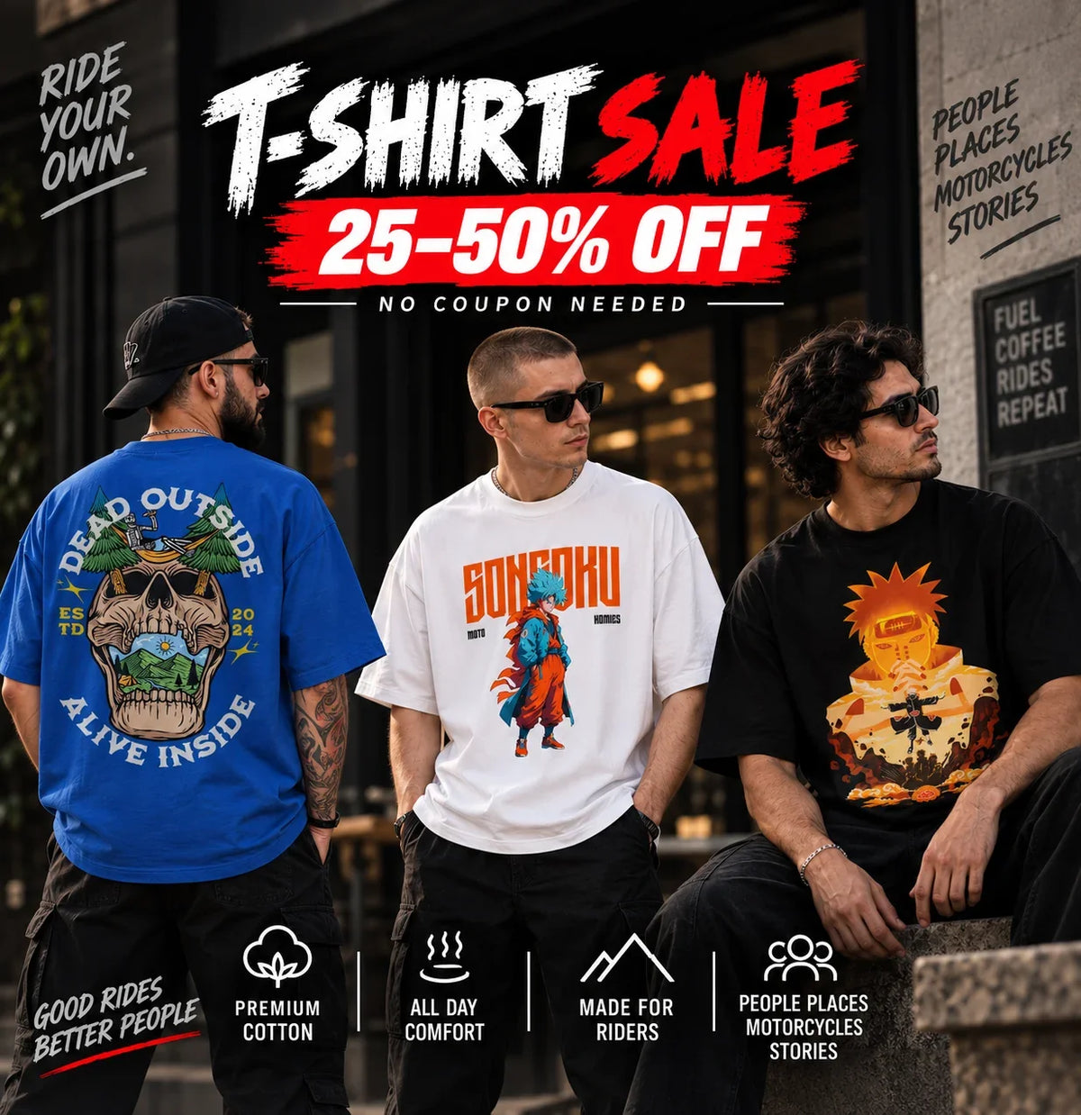 Oversized biker t-shirts on sale at 25–50% off – Motohomies unisex rider tees