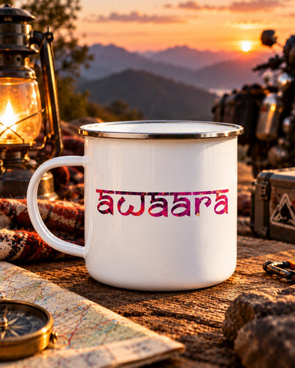 Awaara enamel mug with pink wanderer print in a mountain motorcycle campsite setting