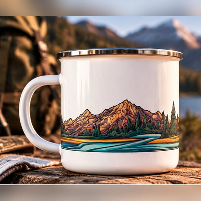 Mountain Landscape 300 ml white enamel camping mug with pine forest and mountain lake artwork, outdoor campsite lifestyle photo