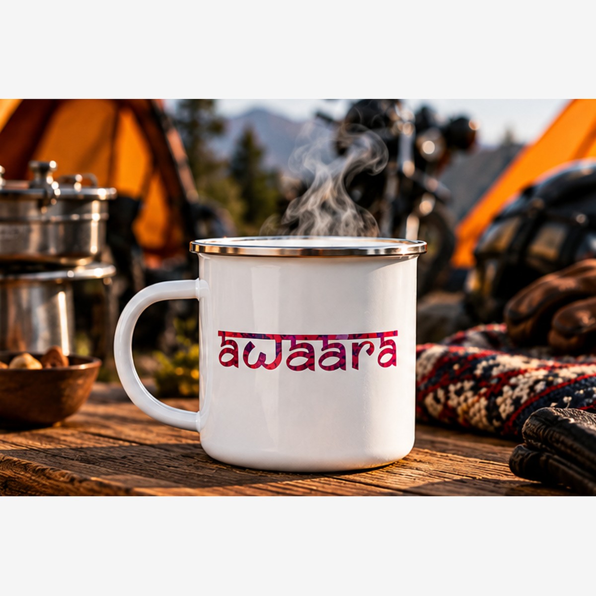 Awaara enamel camping mug showing the same artwork on its reverse side outdoors