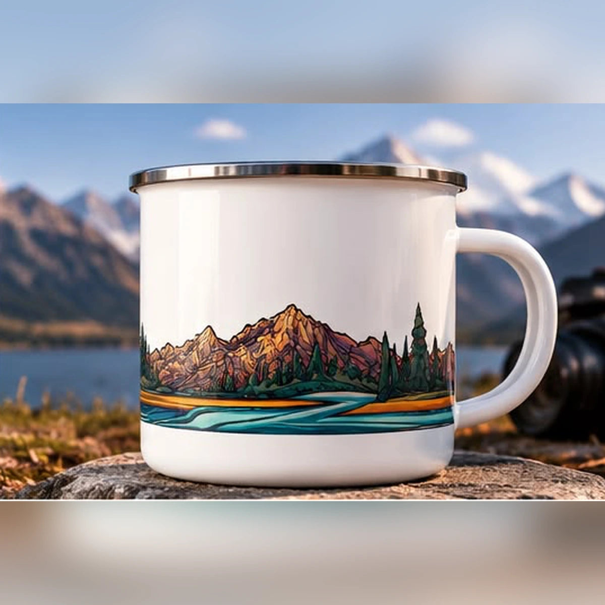 Mountain landscape enamel mug with illustrated alpine peaks, evergreen forest and turquoise river, front-right handle angle