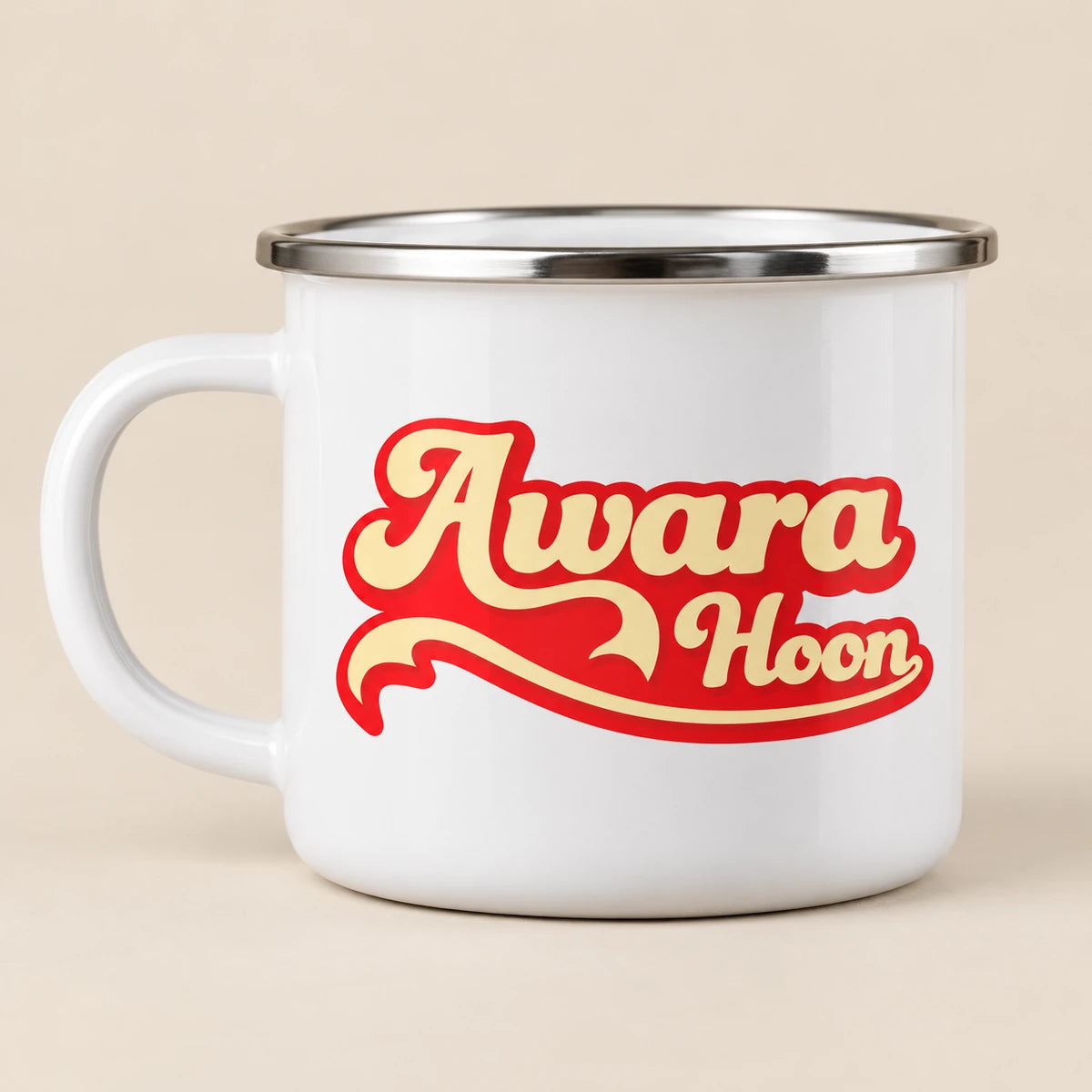 Back studio view of Awaara Hoon enamel camping mug with matching double-sided print and white handle