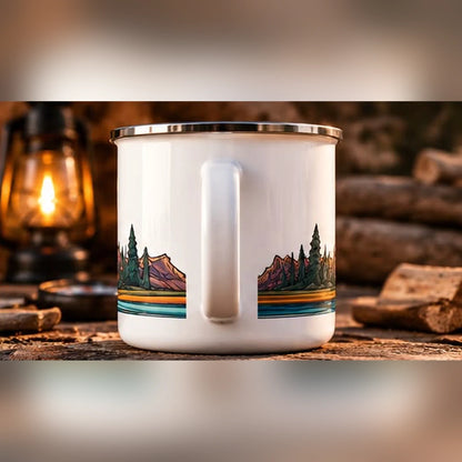Reverse handle view of mountain lake enamel camping mug with continuous illustrated mountain and pine tree landscape