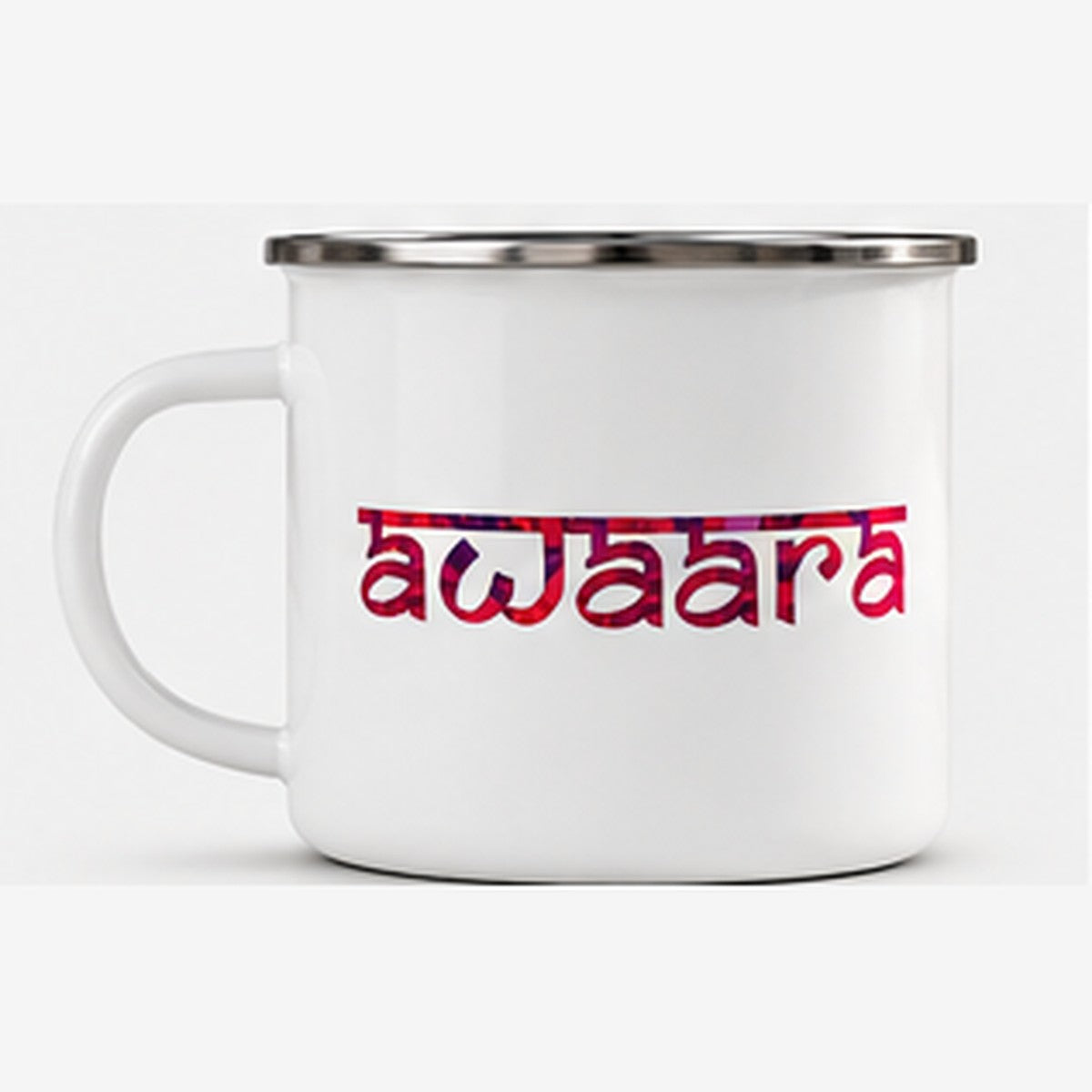 Front view of Awaara white enamel mug with colourful lettering