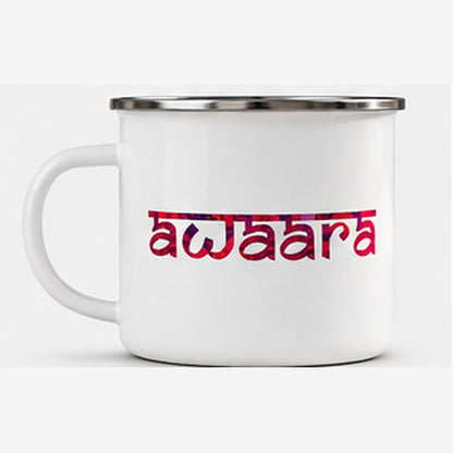Front view of Awaara white enamel mug with colourful lettering