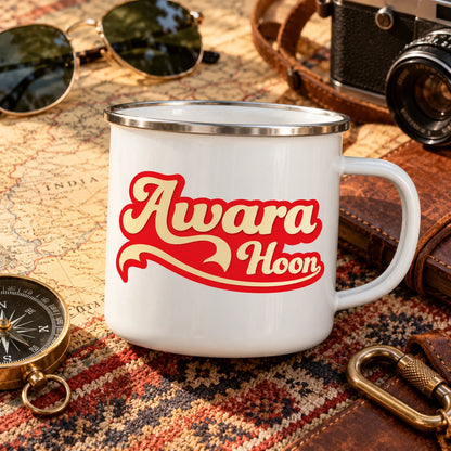 Awaara Hoon camping mug on a road-trip map with compass and travel accessories