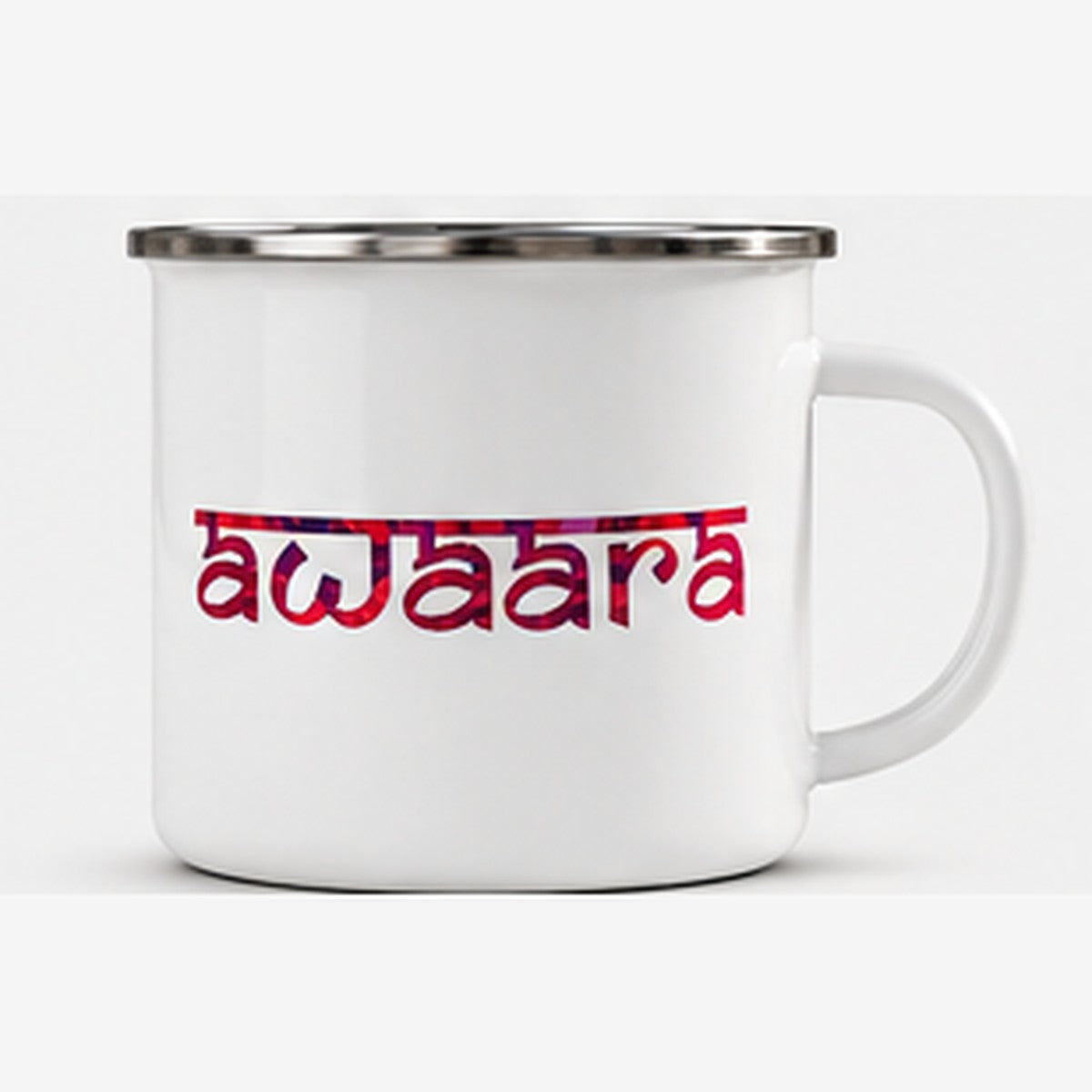 Back view of Awaara enamel mug with matching lettering