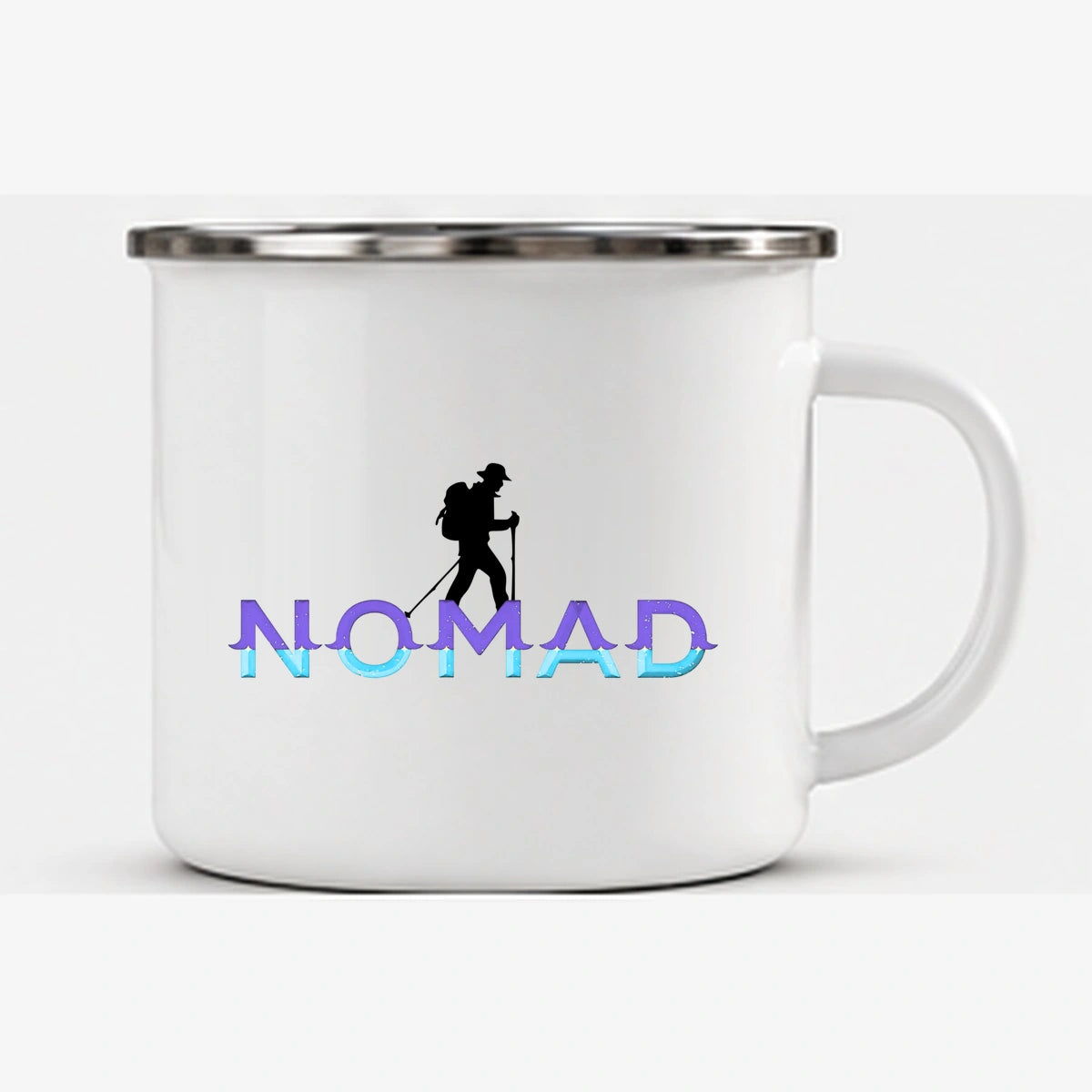 Back studio view of Nomad 300 ml enamel camping mug with same artwork on both sides