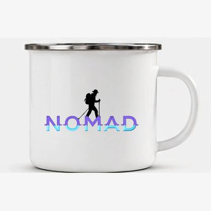 Back studio view of Nomad 300 ml enamel camping mug with same artwork on both sides