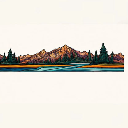 Panoramic mountain lake and pine forest illustrated wraparound design on enamel camping mug