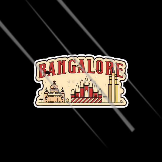 Sticker with 'Bangalore' text and cityscape design on a black background