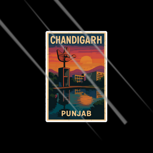Sticker of Chandigarh, Punjab with a sunset over a cityscape.