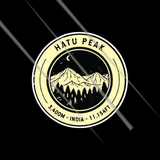 Round Sticker with mountain design and 'Hatu Peak' text on a black background