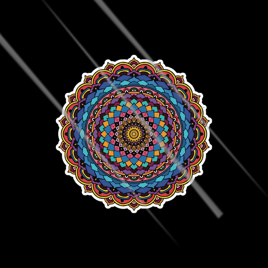 Colorful mandala design sticker on a black background