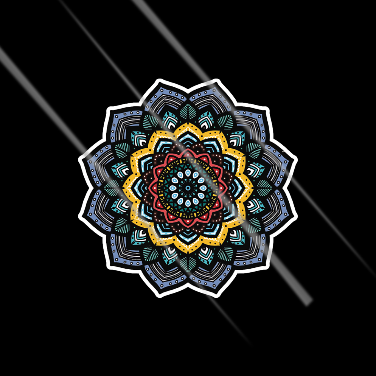 Colorful mandala sticker design on a black background