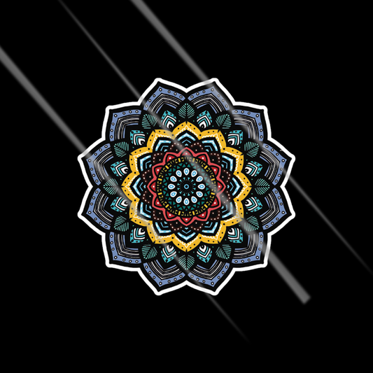 Colorful mandala sticker design on a black background