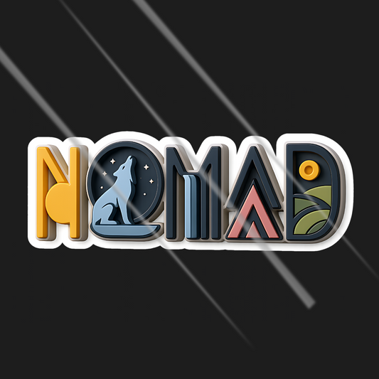 Sticker 'NOMAD' with graphic elements on a black background