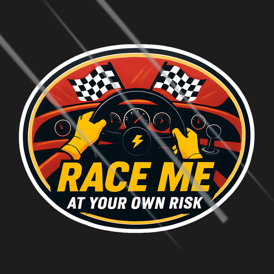 Racing-themed sticker with steering wheel, gloves, and checkered flags on a black background.