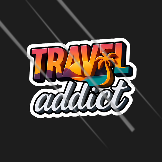 Sticker with 'Travel Addict' text and palm tree design on a black background