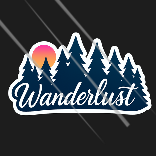 Sticker with mountain and trees design and 'Wanderlust' text on a black background