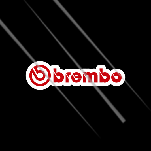 Brembo logo sticker on a black background with white lines