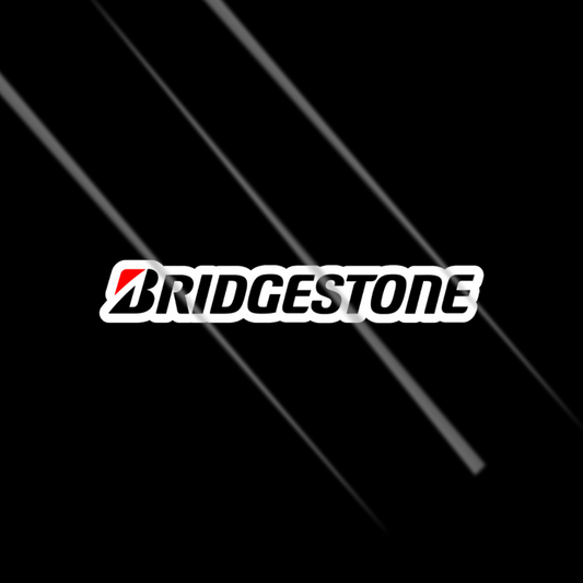 Bridgestone logo sticker on a black background with white lines