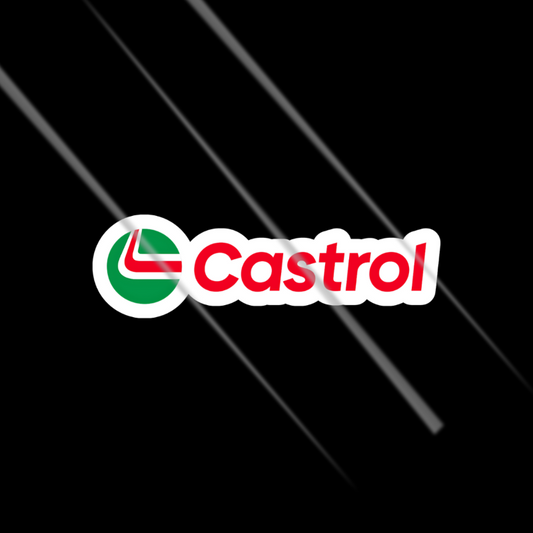 Castrol logo sticker on a black background with white lines