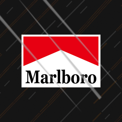 Marlboro sticker on a black background with diagonal lines
