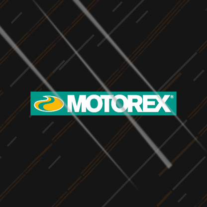 Motorex sticker on a black background with diagonal lines
