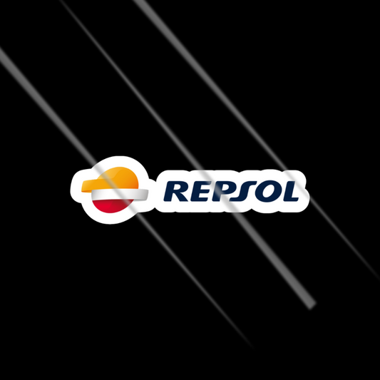 Repsol logo sticker on a black background with diagonal lines