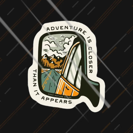 Adventure Is Closer Than It Appears sticker 3 inch in matte vinyl with side mirror mountain view