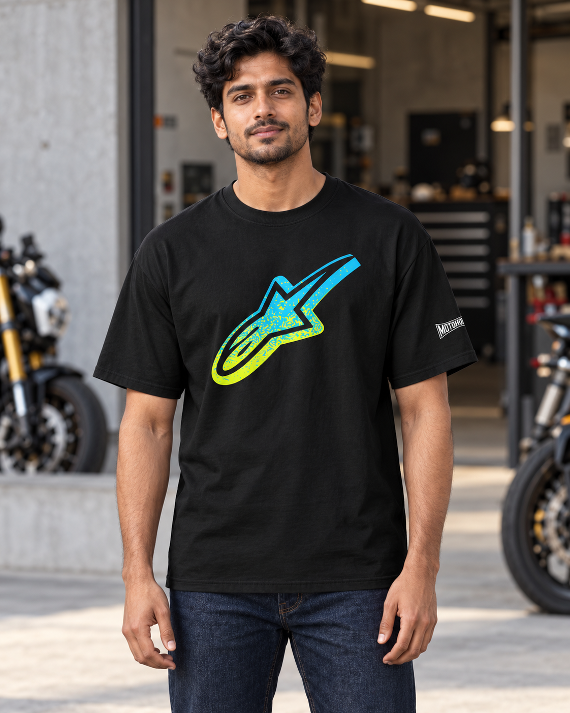 Front view of a model wearing the black Alpinestars Astar oversized T-shirt with cyan and yellow chest graphic