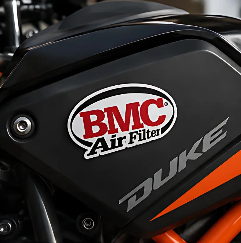 BMC Air Filter sticker on a KTM Duke motorcycle tank panel