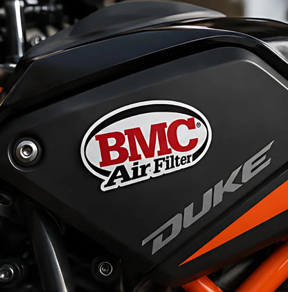 BMC Air Filter sticker on a KTM Duke motorcycle tank panel