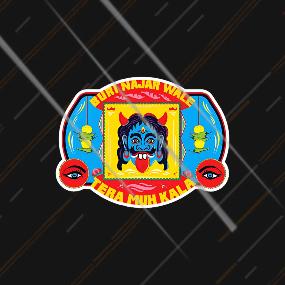 buri nazar wale tera muh kala indian truck art sticker with colorful design