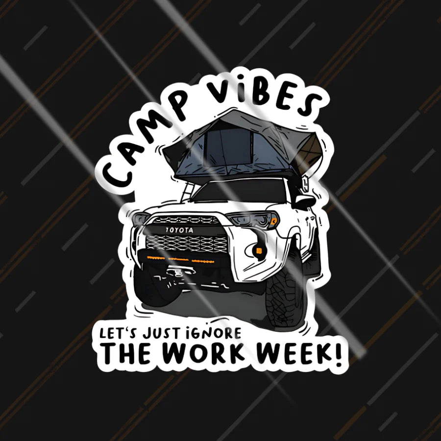 camp vibes sticker with offroad vehicle and rooftop tent for camping and travel lovers