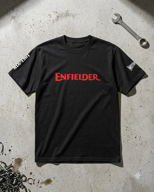 Enfielder black T-shirt with red chest graphic and sleeve prints