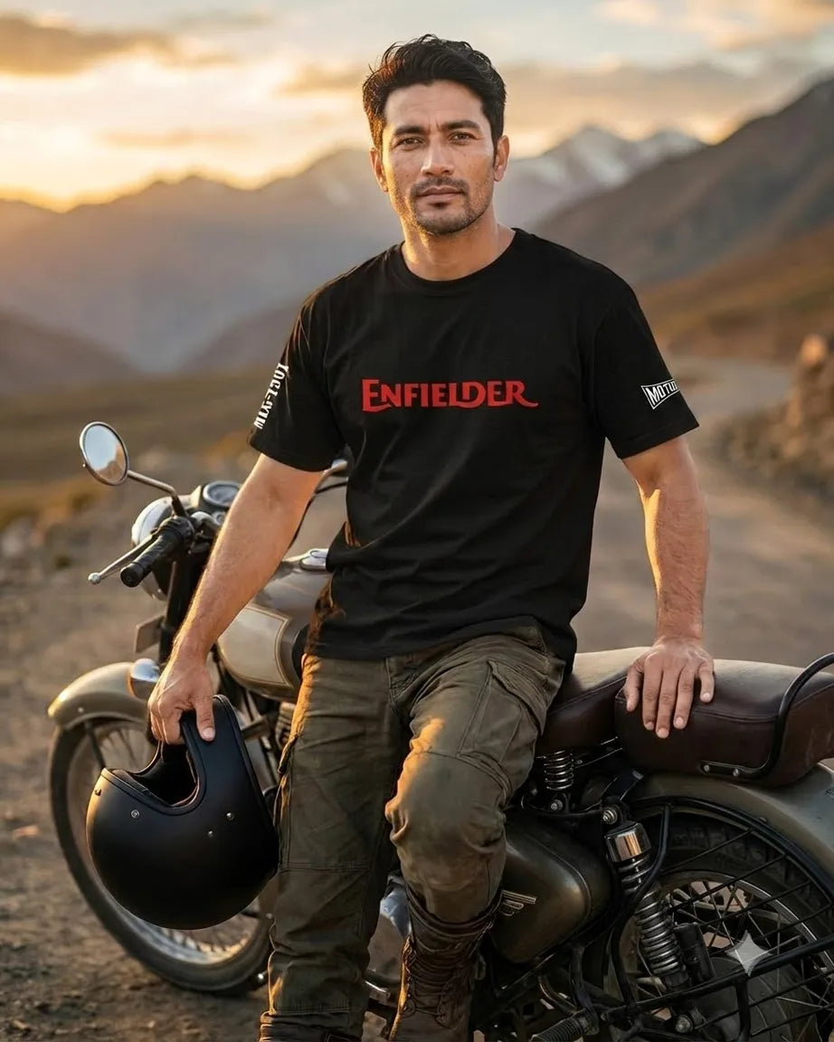 Enfielder black T-shirt worn with a motorcycle in the mountains