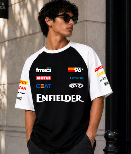 Enfielder MLG-1901 Royal Enfield race jersey oversized t-shirt front with sponsor logos and Enfielder wordmark