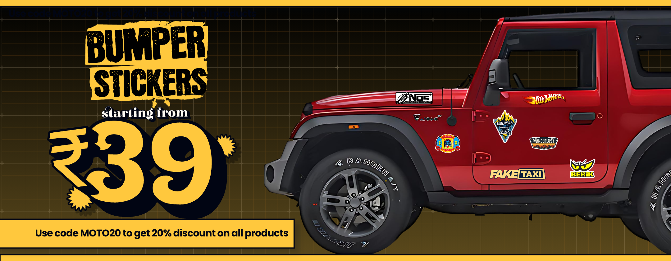Bumper stickers for cars and SUVs from ₹39 at Motohomies, shown on a red Mahindra Thar with NOS, Hot Wheels, Umling La and Wanderlust decals. Use code MOTO20 for 20% off.