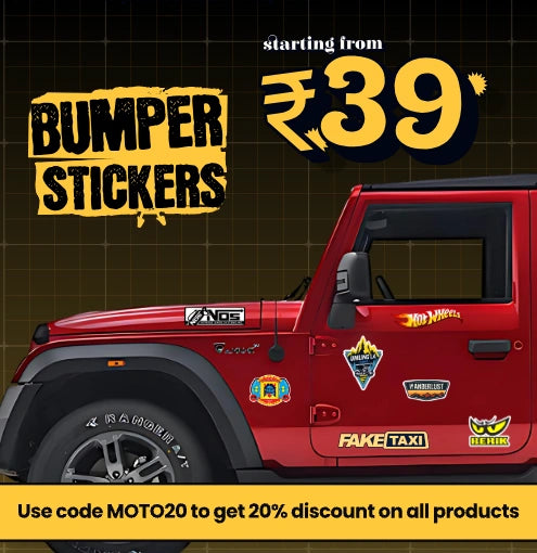 Bumper stickers for cars and SUVs from ₹39 at Motohomies, shown on a red Mahindra Thar with NOS, Hot Wheels, Umling La and Wanderlust decals. Use code MOTO20 for 20% off